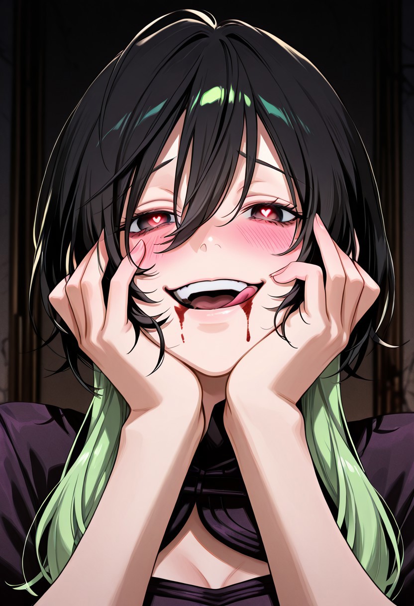 masterpiece, anime screencap, 2d, best quality, Full resolution, well detailed, 1girl, solo, utsuro_gokurakugai, long wolf cut, short hair with long locks, two-tone hair, multicolored hair, layered hair, hair between eyes, gradient hair, black hair, green hair,dark alley background, night ambiance, from Front, a bit close-up, portrait, upper body, eyes at viewer, <lora:yandere-trance-ponyxl-lora-nochekaiser:1>, yandere trance, modern cheongsam, yandere, hands on own cheeks, hands on own face, crazy eyes, crazy smile, crazy, heart-shaped pupils, glowing eyes, cleavage cutout, symbol-shaped pupils, hand on own face, open mouth, glowing, blush,cowboy shot, blood on face, blood splatter, lot blood from mouth, :q, lot of blood on face,