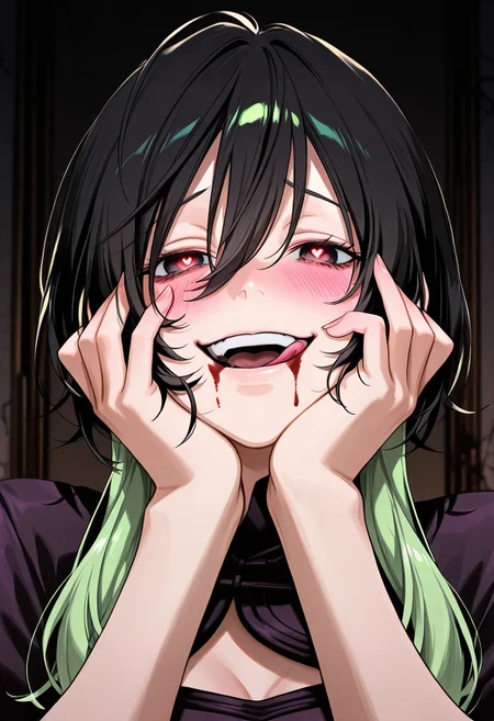 masterpiece, anime screencap, 2d, best quality, Full resolution, well detailed, 1girl, solo, utsuro_gokurakugai, long wolf cut, short hair with long locks, two-tone hair, multicolored hair, layered hair, hair between eyes, gradient hair, black hair, green hair,dark alley background, night ambiance, from Front, a bit close-up, portrait, upper body, eyes at viewer, <lora:yandere-trance-ponyxl-lora-nochekaiser:1>, yandere trance, modern cheongsam, yandere, hands on own cheeks, hands on own face, crazy eyes, crazy smile, crazy, heart-shaped pupils, glowing eyes, cleavage cutout, symbol-shaped pupils, hand on own face, open mouth, glowing, blush,cowboy shot, blood on face, blood splatter, lot blood from mouth, :q, lot of blood on face,