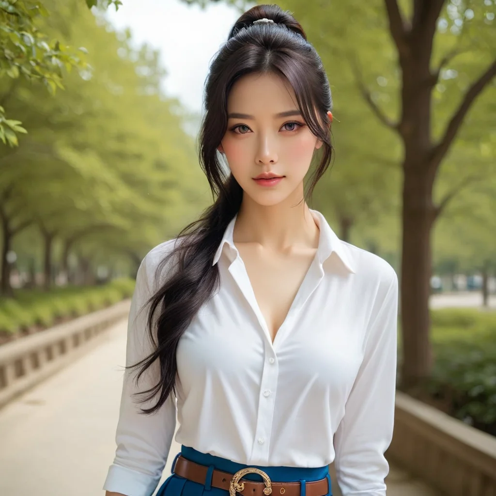 [10]a stunning real medium breasts Korean woman with long, flowing dark hair, her piercing gaze directly addressing the viewer. score_9, score_8_up, score_7_up, 4k, high quality, (best quality:1.1), realistic, photorealistic, close-up, upper body, (ultra HD quality details), High Fashion, A highly detailed, realistic digital photo of a Korean woman 28yo with a pale complexion, emphasizing her enigmatic and mystical aura,, high resolution, rich textures, and contemplative mood. Her eyes are a deep piercing and  brown, dynamic, dramatic, haute couture, elegant, ornate clothing, dark straight hair with a few loose strands framing her face, against a cyan gradient background, Realistic photograph, Movie light, film grain, necktie, skirt, ponytail, school uniform, shirt, looking at viewer, outdoors, white shirt, blue skirt, tree, cosplay, belt, <lora:JennifePonySRV1:1>, <lora:add-detail-xl:0.5>, <lora:Expressive_H-000001:1.2>, <lora:IzayoiLycoXL:0.3>, embedding:pureerosface_v1, medium breasts,