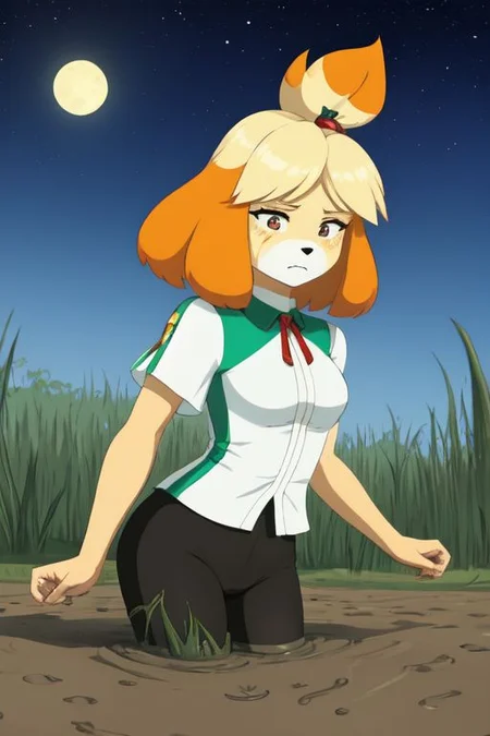 isabelle \(animal crossing\), (masterpiece, best quality:1.15), 1girl, solo, large breasts, high cheekbones, thick eyebrows, small mouth, looking to the side, leaning forward, adjusting clothes, tight leggings, green crop top shirt, starry nights, long hair, twin short braids, scared, partially submerged, struggling, farmland bog, quicksand