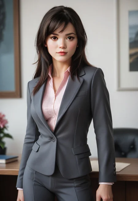 score_9, score_8_up, score_7_up, score_7, score_6_up, solo, 1dk, face focus, detailed face, beautiful face,
raw, realistic, d3t41l3d,
1girl, Mei Lin, 24-year-old, Asian, pale skin, slender, long hair, straight hair, black hair, dark brown eyes, beauty mark, delicate features,
suit, pantsuit, stylish suit, pink blouse, light pink, navy blue,
bright, organized, office,
standing, confident, professional, warm,