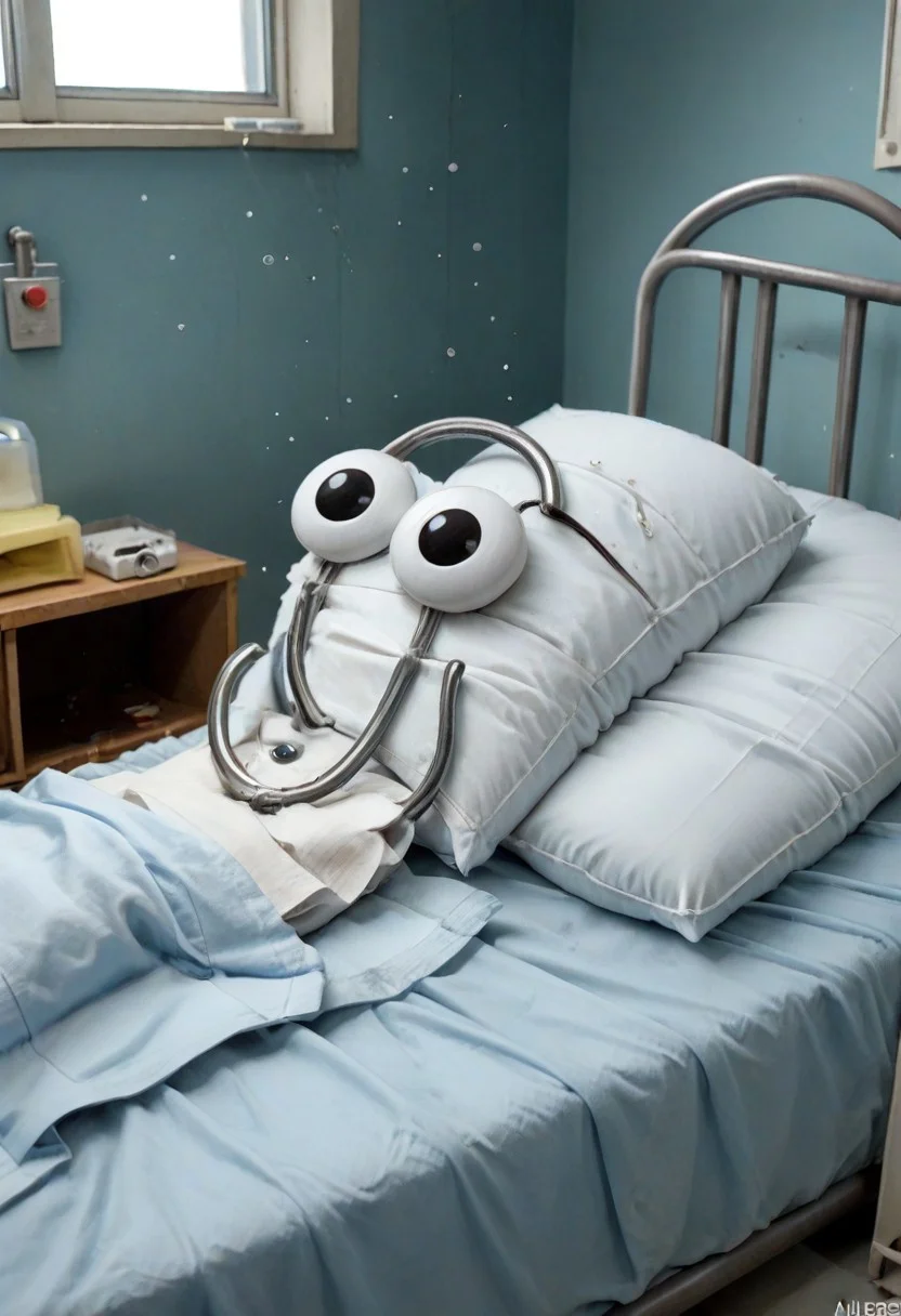 cl1ppy, pokemon (creature), in a hosptial room, hospital, empty hospital room, moody depressing atmosphere, light shafts from window with small dust particles, lying on bed, head on pillow, view from side, very sick, terminally ill, ((on lifesupport)), IV bag, eyes half-closed