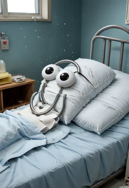 cl1ppy, pokemon (creature), in a hosptial room, hospital, empty hospital room, moody depressing atmosphere, light shafts from window with small dust particles, lying on bed, head on pillow, view from side, very sick, terminally ill, ((on lifesupport)), IV bag, eyes half-closed
