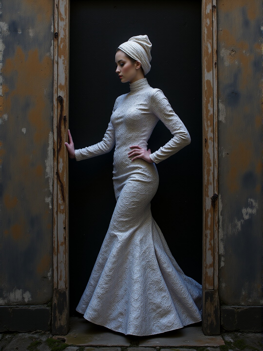 fashion shoot, Swedish 1960s theme of royalty, black-toned <lora:white1:1>, intricate white and azure and bronze bark-textured Social Realism painting. The main subject is a aristocratic adult screwed up femme fatale wearing a fantasy outfit standing in a Gothic doorway. The setting is busy and fresh. The overall mood of the painting is of a stylish moment in time. The ochre underpainting is obvious in many parts of the painting. <lora:FLUX.1-DEV_-_Wild_1960s_Fashions_LoRA:0.9> <lora:midjourney_whisper_avant_couture_v01:0.6> <lora:flux_dev_grunge:0.6>