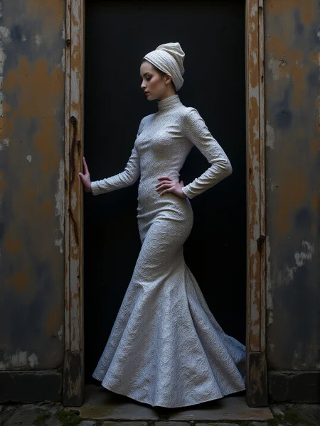 fashion shoot, Swedish 1960s theme of royalty, black-toned <lora:white1:1>, intricate white and azure and bronze bark-textured Social Realism painting. The main subject is a aristocratic adult screwed up femme fatale wearing a fantasy outfit standing in a Gothic doorway. The setting is busy and fresh. The overall mood of the painting is of a stylish moment in time. The ochre underpainting is obvious in many parts of the painting. <lora:FLUX.1-DEV_-_Wild_1960s_Fashions_LoRA:0.9> <lora:midjourney_whisper_avant_couture_v01:0.6> <lora:flux_dev_grunge:0.6>