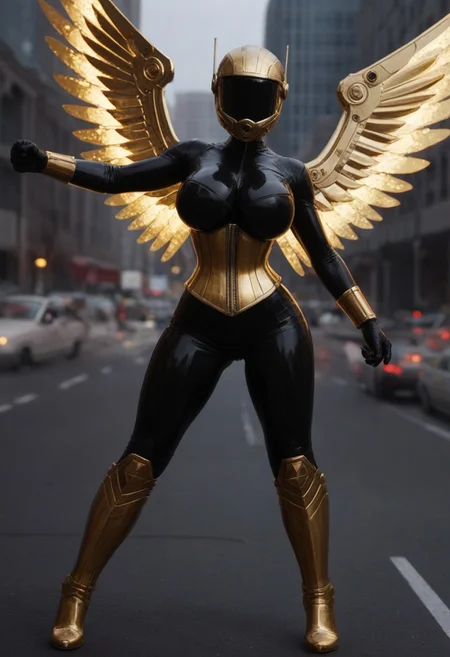 sexy superheroine, black latex super suit, gold metal corset, gold mechanical wings on her back, gold metal helmet, eyes hidden behind black visor, gold knee high stiletto boots with red trim, heroic pose, wide womanly hips, thigh gap, impossibly narrow waist, fighting stance, midday on a sunny day, cityscape