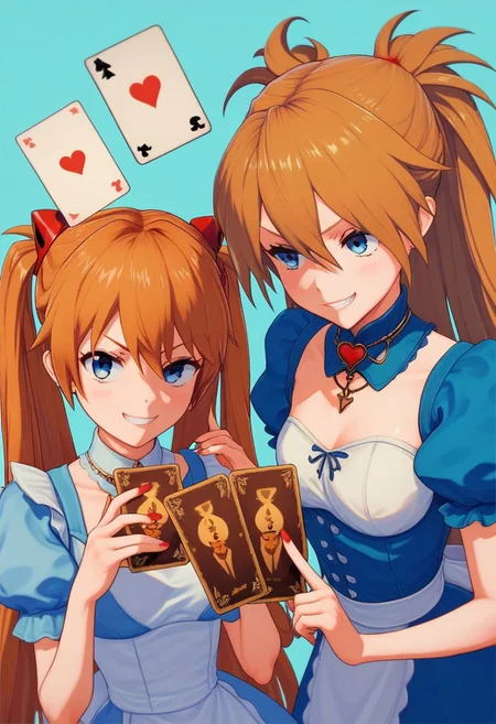 score_9, score_8_up, score_7_up, 2girls, alice in wonderland style, Asuka Langley, blue dress, detached collar, Queen of Hearts, holding card, smug grin, Ami Arakawa