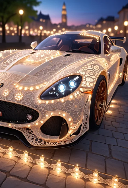 lazypos,high quality,masterpiece,ultra-high resolution,incredible composition,extremely detailed,
madeoflace, luxury sportscar entirely made of intricate lace and embroidery, delicate threadwork forming the chassis, wheels woven from translucent patterns, glowing soft bokeh lights in the background, romantic twilight cityscape, artistic surreal lighting
