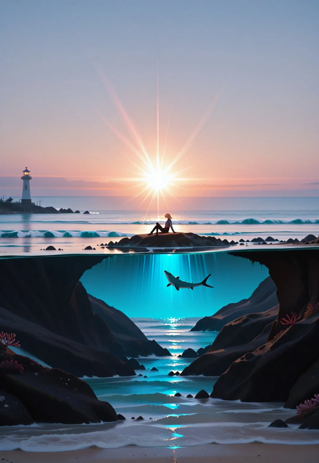 far shot, wide shot, diorama, two dimensional, composition split by water surface, top of composition is above water ocean shore, bottom of composition is underwater world on bottom, 1 fishing boat off the coast on the top section of the composition, 1girl sitting on fishing boat floating on the water on the top section of the composition, cross section of ocean, side view, see all the way to the bottom of the ocean, sea animals in the bottom half of the composition, rocky beach coastline in the middle of the composition, ocean floor at the very bottom of the composition, late evening, lighthouse on a hill at the very top left of the composition, magical realism, cinematic lighting, volumetric lighting, photo background, ultra-detailed, absurdres, highres, hdr, 8k, masterpiece, best quality, very aesthetic, newest, wide shot
BREAK, volumetric lighting, caustic lighting , dynamic composition,cinematic lighting,
easynegative,sykosanART , 748cmstyle, bottom half of picture underwater and submerged and coral and light rays, one point perspective,