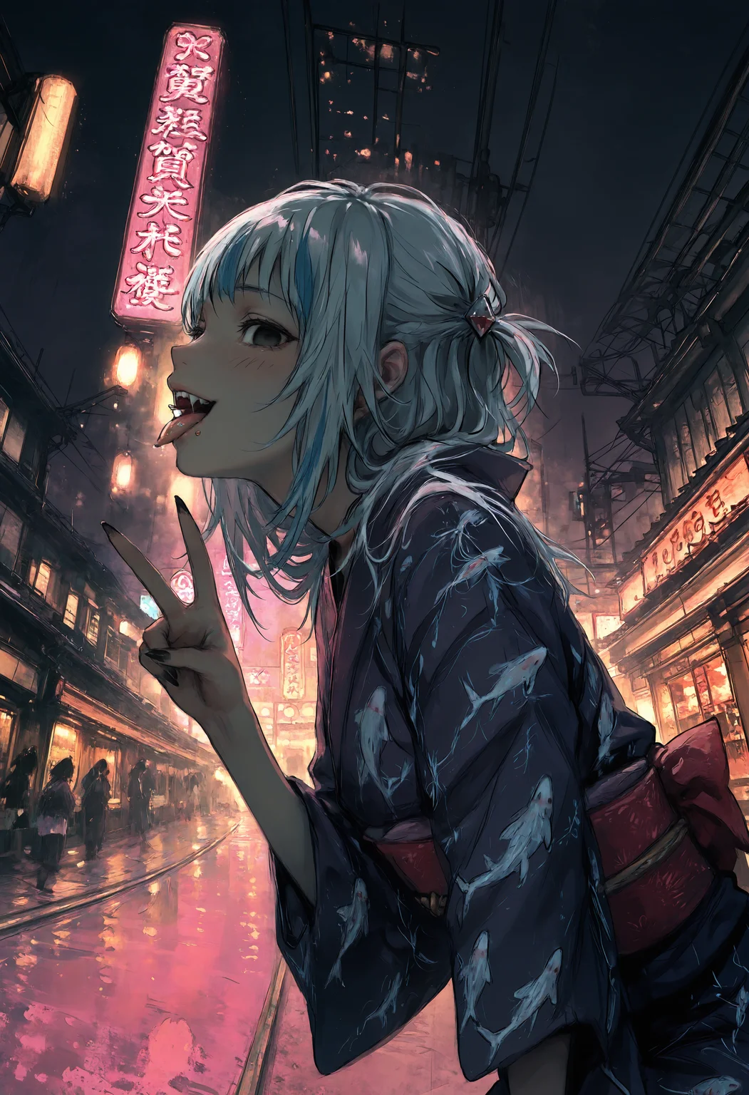 sketchy realistic detailed artwork, (by pikuson, by mizumi zumi:1.3), (by narue:1.2), (by tatsumi \(psmhbpiuczn\):1.2), dutch angle, blurry background, linear hatching, hatching \(texture\), (brushstrokes \(texture\):1.25), profile, from side, 1girl, gawr gura, blue hair, kimono, leaning forward, yandere, dark background, night, neon lights, red theme, pink theme, violet theme, purple theme, close-up face, gyaru, gyaru v, perspective, sharp teeth, blush, black eyes, empty eyes, head tilt, one eye half-closed, black nails, sharp fingernails, tongue out, tongue piercing, highres,