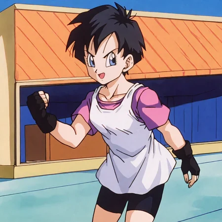 <lora:videl_pony_v1:.75>VidelShortHair, black hair, 1girl, blue eyes, fingerless gloves, short hair, white shirt, black gloves, bike shorts, collarbone