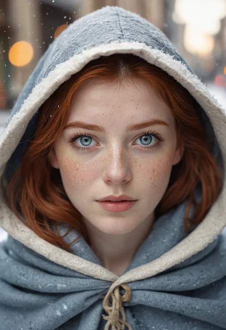 photograph of a cute adult girl, redhair, pale skin, freckles, blush, innocent, petite and youthful face, silver blue eyes, wearing a cloak, city christmas festival, snowfall, Porta 160 color, shot on ARRI ALEXA 65, bokeh, sharp focus on subject, shot by Don McCullin, nsfw, (natural skin texture, hyperrealism, soft light, sharp), (perfect round eyes:1.3), Capture the essence of her beauty, Enrich the composition with soft, diffused natural light that accentuates the textures and colors, creating a timeless and culturally rich image, EyeDetail-SDXL, fFaceDetail-SDXL