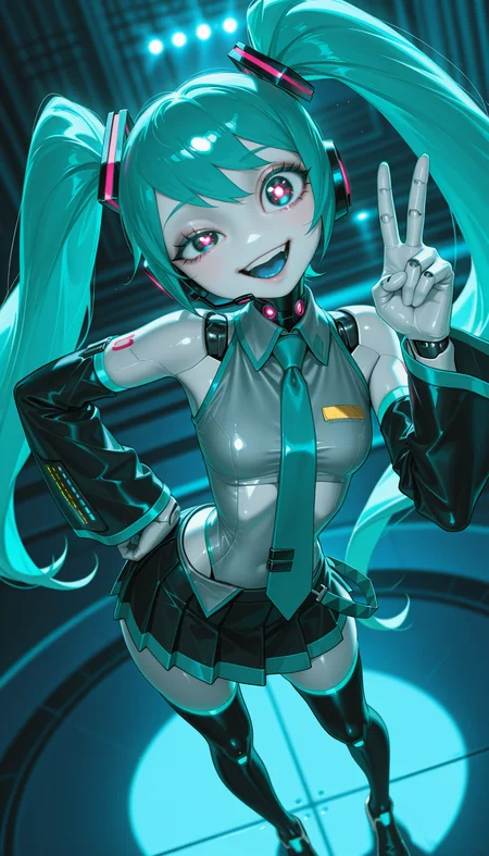 masterpiece, best quality, amazing quality, 4k, very aesthetic, high resolution, ultra-detailed, absurdres, newest, scenery, cartoon, dramatic light, 1girl, solo, (jenny wakeman:1.3) AND hatsune miku, (robot, android, part lines:1.2), (white skin, metalic skin, ceramic skin:1.2), collared wide detached sleeve grey shirt, necktie, skirt, thighhighs, (no nose:1.2), [shiny black eyes:symbol-shaped pupils:13], bright pupils, big eyes, one eye half-closed, (winking:0.8), open mouth, smile, blue tongue, standing, posing, twisty pose, head tilt, legs apart, long hair, small breasts, wide hips, narrow waist, from above, face focus, dutch angle, v, one hand on hip, cyberpunk, stage, blue neon, spot light, fine shiny fablic emphasis, BREAK, robot white hands, fingers, eyes, extremely detailed eyes, photorealistic detail, detailed background, volumetric lighting, depth of field