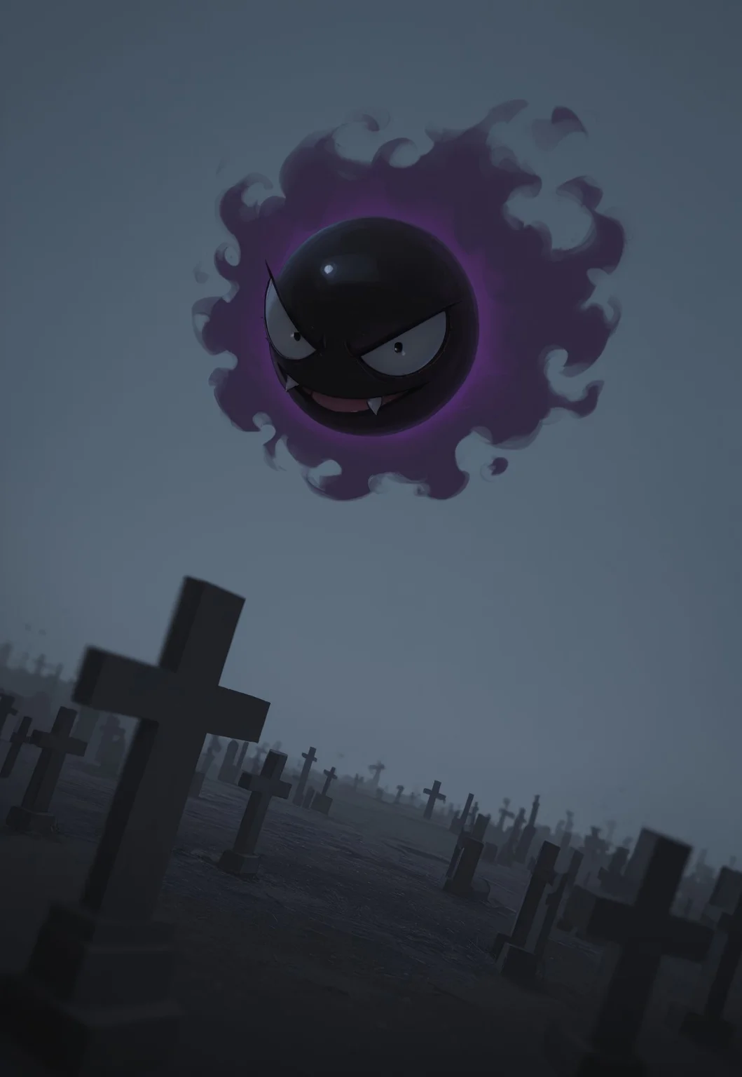 masterpiece, best quality, amazing quality, very aesthetic, absurdres, dynamic angle, ultra-detailed, highly detailed, cinematic lighting, realistic shading, intricate details, soft lighting, high contrast, depth of field, perspective, full body, outdoors, graveyard, looking at viewer, PKMN_Gastly, black eyes