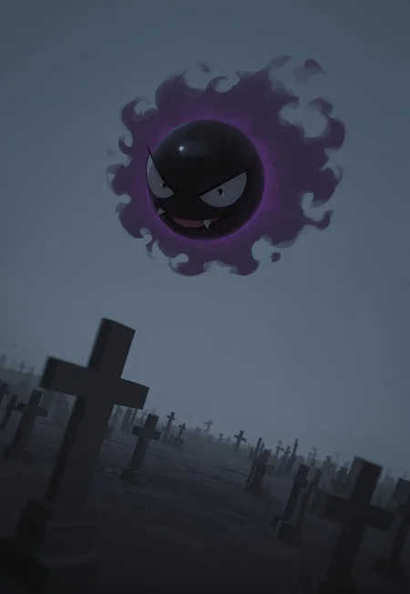 masterpiece, best quality, amazing quality, very aesthetic, absurdres, dynamic angle, ultra-detailed, highly detailed, cinematic lighting, realistic shading, intricate details, soft lighting, high contrast, depth of field, perspective, full body, outdoors, graveyard, looking at viewer, PKMN_Gastly, black eyes
