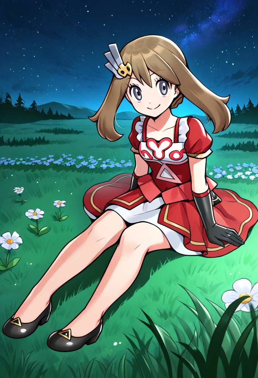 1girl, solo, annimay, brown_hair, grey_eyes, hair_ornament, red_dress, short_sleevees, black_gloves, shoes, black_footwear,  sitting, meadow, night_sky