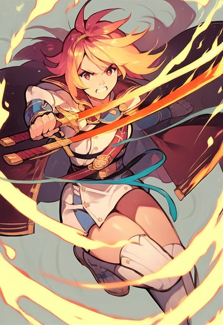 <lora:e7_LHC_-_Pony:1> e7 lhc, action pose, wielding a flaming sword <lora:[GP] somethingweird [Pony XL]:1>, score_9, score_8_up, score_7_up, score_6_up, score_5_up, score_4_up, hd, (ultra hd quality details), 8K