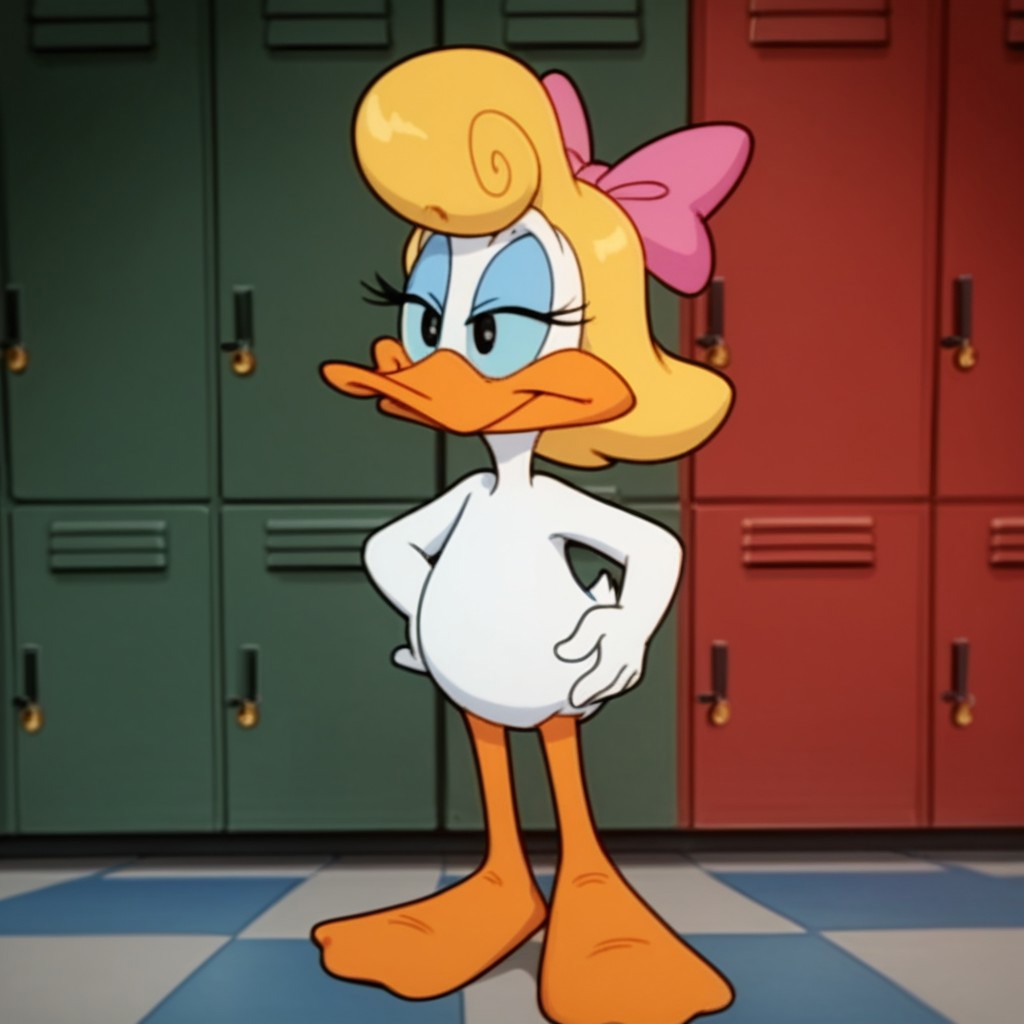 score_9, score_8_up, score_7_up, score_6_up, score_5_up, score_4_up, source_furry, Shirleytta, semi-anthro, female, duck, blonde hair, blue sclera, black eyes, white feathers, pink bow, locker room