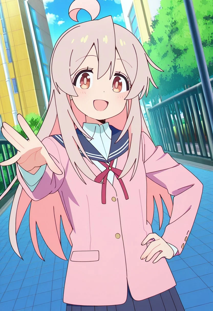 general,highres, ultra-detailed,very aesthetic,best quality ,best hands,best eyes,easynegative,
dynamic anglre, dutch angle, anime cloring,anime screencap,
1girl solo,looking at viewer,city,smile,open mouth, hand on hip,
Mahiro Oyama,short body, brown eyes, small breasts, white hair, long_hair, ahoge,school uniform,