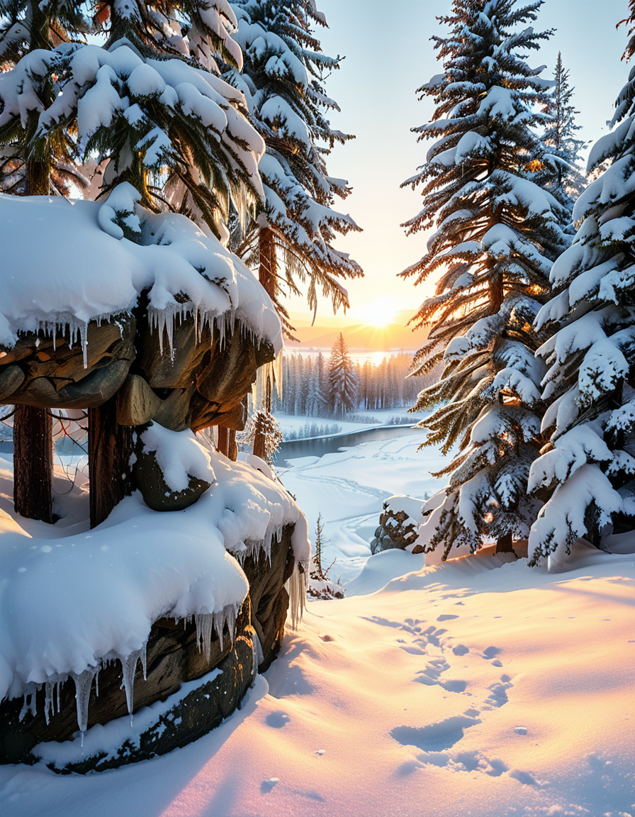 A breathtaking winter wonderland scene at dusk, with a snow-covered forest and a frozen lake reflecting the soft glow of the setting sun. Tall evergreen trees are dusted with fresh snow, their branches heavy and shimmering under the golden and pink hues of the sky. In the distance, a cozy wooden cabin with a smoking chimney emits a warm, inviting light through its frosted windows. The snow-covered ground glistens under delicate fairy lights hanging from tree branches, adding a magical atmosphere. Snowflakes gently fall from the sky, creating a serene and peaceful mood. In the foreground, a wooden bridge covered in snow crosses a small, partially frozen river, adding depth and charm to the composition. The entire scene feels enchanting and nostalgic, evoking the joy and tranquility of winter.
<lora:SDXLFaeTastic2400:0.4> <lora:extremely_detailed:0.4> extremely detailed ,<lora:winter_w0nd3rl4nd:1>,winter w0nd3rl4nd, Masterpiece,best quality,hi res,8k,hi res,8k,award winning,(sharp focus, intricate, highly detailed),