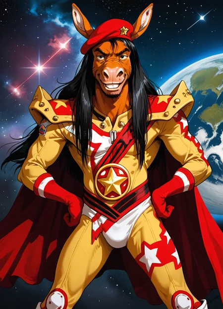score_9, score_8_up, score_7_up, score_6_up, score_5_up, score_4_up, source_cartoon, the fonkey, 1boy, furry male, equine, animal ears, donkey, buck teeth, solo, male focus, long hair, black hair, red burette, red gloves, yellow bodysuit, red beret, red gloves, knee boots, red cape, looking at viewer, hands on own hips, space, star, sci-fi, black hole