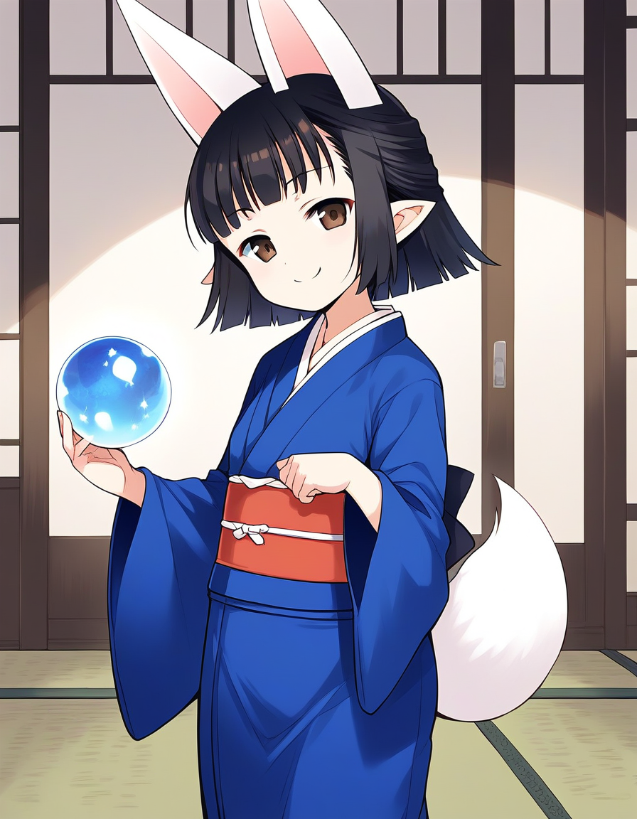 score_9, score_8_up, score_7_up, source_anime, rating_explicit, BREAK  <lora:Hasaha_Ver2.0_XL:1> Hasaha, animal ears, black hair, brown eyes, pointy ears, short hair, white tail, short stack,
japanese clothes, blue kimono, crystal ball,  sash, obi,  orb,
Japanroom, tatami,
smile, serious,
looking at viewer, 
cowboy_Shot,