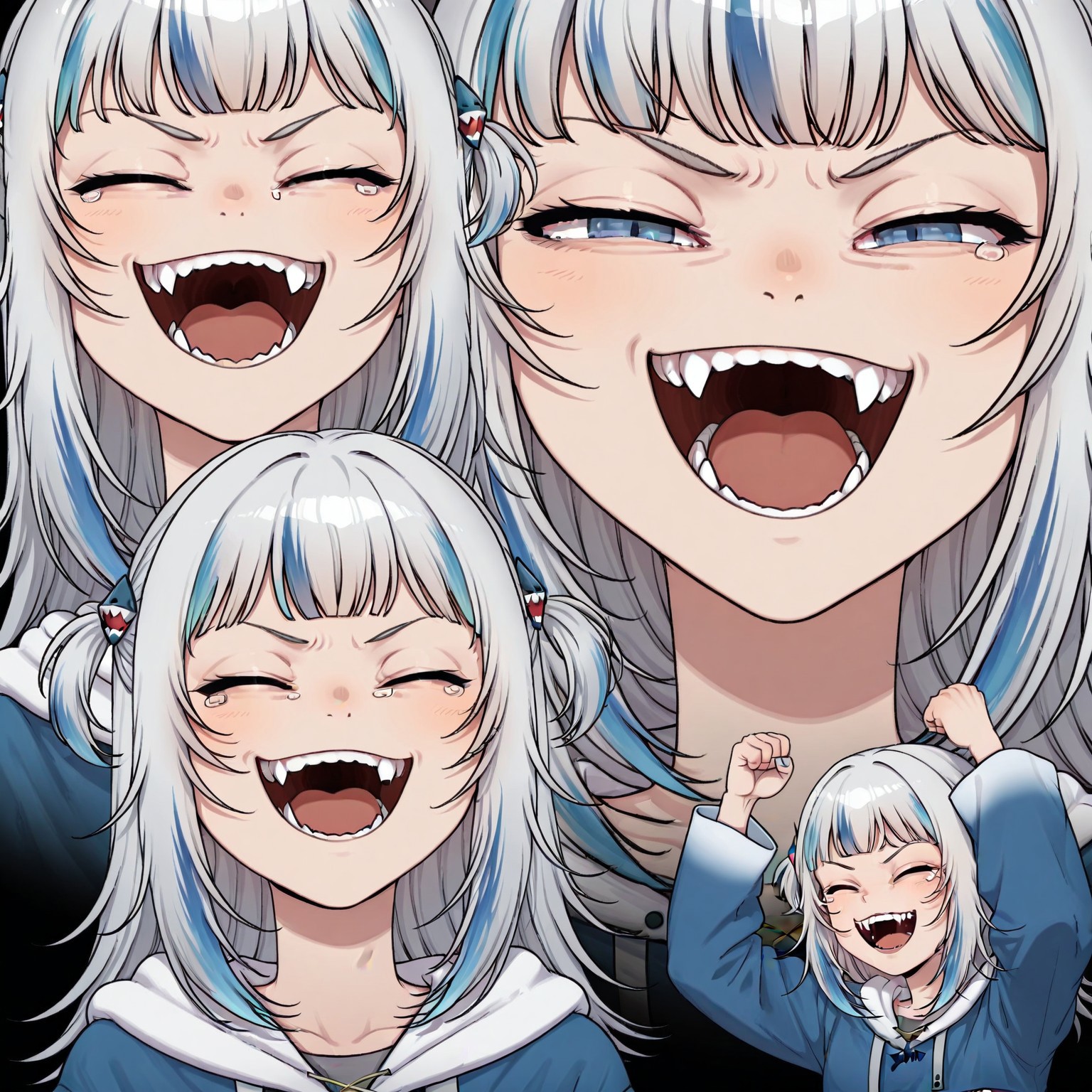 tomlaugh, 1girl, gawr gura, closed eyes, half-closed eyes, fangs, teeth, smile, laughing, open mouth, tears, v-shaped eyebrows, multiple views, projected inset, arms up, clenched hands,