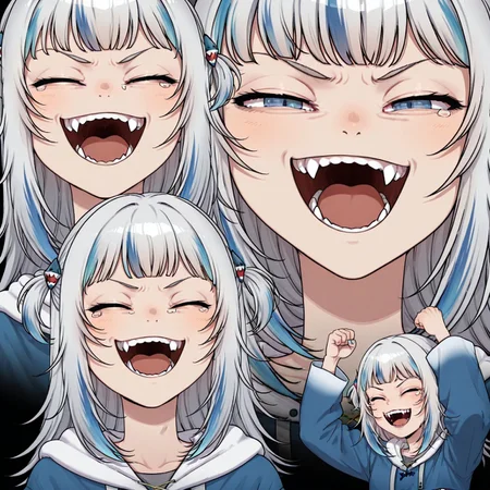 tomlaugh, 1girl, gawr gura, closed eyes, half-closed eyes, fangs, teeth, smile, laughing, open mouth, tears, v-shaped eyebrows, multiple views, projected inset, arms up, clenched hands,