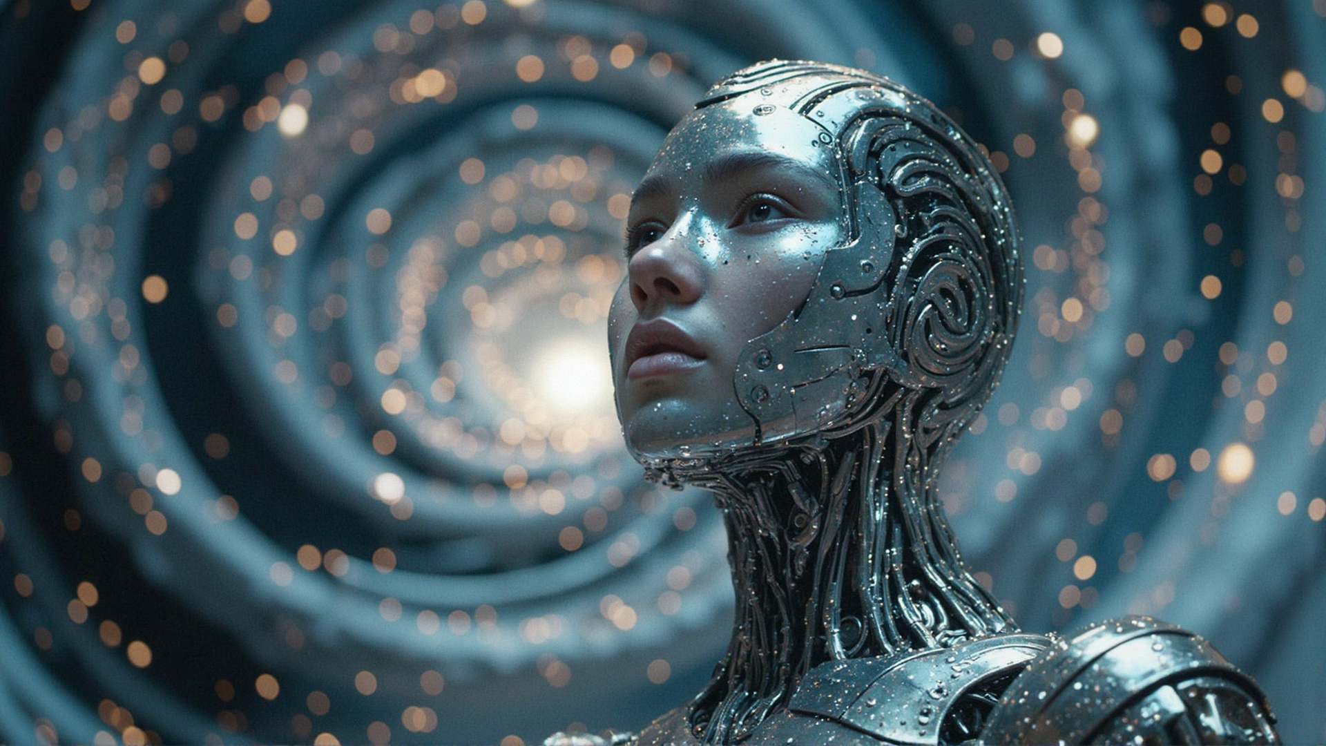 A cyborg's gaze pierces through the swirling vortex of stars as the cosmos erupts around her. Her metallic body glows with an ethereal light, as if infused with an otherworldly energy. The once-pristine surface now bears scars from the intense battle against the unknown forces that ravage the galaxy.  As she looks up, her eyes are drawn to the maelstrom above, where a spiraling column of energy crackles with electricity. The air is thick with the acrid smell of ozone and burning metal, and the sound of thunder booms through the void, punctuated, <lora:Flux_Turbo_Alpha.safetensors:1.0> <lora:Movie_Portrait.safetensors:0.8> movie portrait <lora:flux.1_lora_flyway_Epic-detail_v2.safetensors:0.4> epic gorgeous details