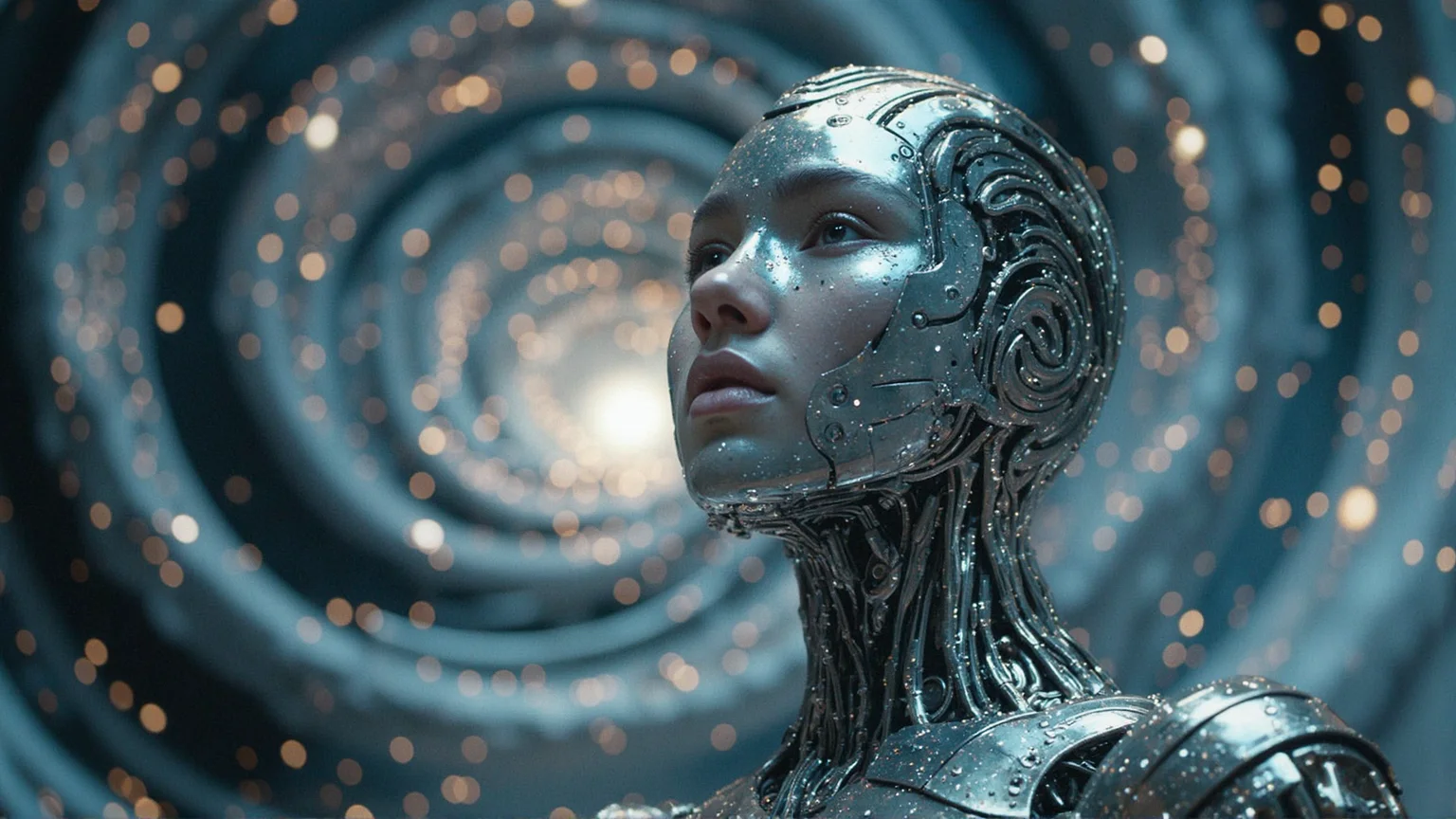 A cyborg's gaze pierces through the swirling vortex of stars as the cosmos erupts around her. Her metallic body glows with an ethereal light, as if infused with an otherworldly energy. The once-pristine surface now bears scars from the intense battle against the unknown forces that ravage the galaxy. As she looks up, her eyes are drawn to the maelstrom above, where a spiraling column of energy crackles with electricity. The air is thick with the acrid smell of ozone and burning metal, and the sound of thunder booms through the void, punctuated, <lora:Flux_Turbo_Alpha.safetensors:1.0> <lora:Movie_Portrait.safetensors:0.8> movie portrait <lora:flux.1_lora_flyway_Epic-detail_v2.safetensors:0.4> epic gorgeous details