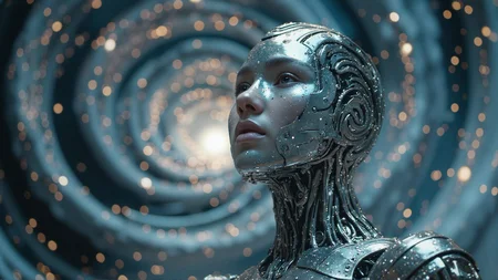 A cyborg's gaze pierces through the swirling vortex of stars as the cosmos erupts around her. Her metallic body glows with an ethereal light, as if infused with an otherworldly energy. The once-pristine surface now bears scars from the intense battle against the unknown forces that ravage the galaxy. As she looks up, her eyes are drawn to the maelstrom above, where a spiraling column of energy crackles with electricity. The air is thick with the acrid smell of ozone and burning metal, and the sound of thunder booms through the void, punctuated, <lora:Flux_Turbo_Alpha.safetensors:1.0> <lora:Movie_Portrait.safetensors:0.8> movie portrait <lora:flux.1_lora_flyway_Epic-detail_v2.safetensors:0.4> epic gorgeous details