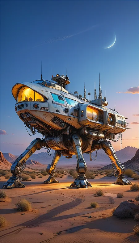 (cel-shading:2)+, (in ARTIST style:1.6), (masterpiece:1.7), night, glow neon,
hyperrealism, glossy, shinny, clear image, accurate picture, clear picture, precise image, focused image, Science fiction style, Science fiction,
(huge Walking city), solo, outdoors, sky, cloud, desert, no human, vehicle focus, scenery, (Walking vehicle), buildings, (sharp focus:2), (best quality:1.8), night, glow neon,
(masterpiece:1.8), (highest detailed:1.8), perfectly lighted, (contrast), (saturated), (((sharp focus))),
(hyperdetailed:1.3), (intricate details:1.2), (Refined details:1.3), (best quality:1.5), highly detailed textures, vibrant colors,
(ultra sharp focus:1.8), (detailed texture:1.8), (detailed edges:1.8), (thin lines:1.8), (best quality:1.8),
<lora:Apparatus_-_Traction_City_Walkers_Vehicles:0.8>,
