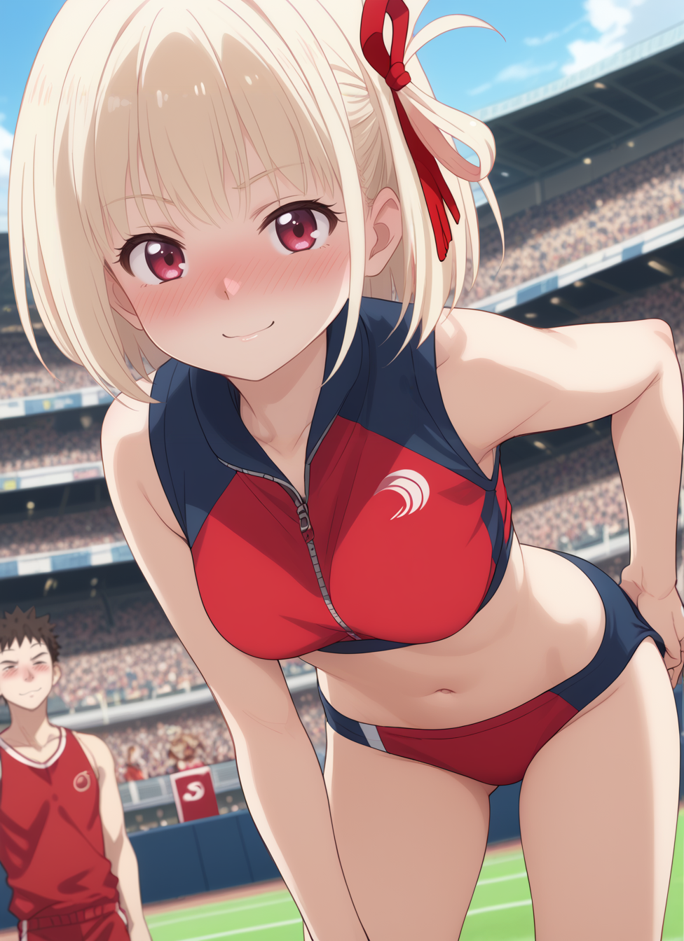 score_9, score_8_up, score_7_up, source_anime, chisatonishikigi, <lora:chisato-nishikigi-s1-ponyxl-lora-nochekaiser:1>, chisato nishikigi, short hair, bangs, blonde hair, red eyes, hair ribbon, one side up, bob cut, navel, bare shoulders, thighs, stomach, crop top, buruma, sportswear, zipper pull tab, red buruma, sports bikini, outdoors, track and field, audience, bent over, looking at viewer, dutch angle, cowboy shot,, , sexually suggestive, naughty face, horny, naughty face, nose blush,, , (partially visible vulva:0.7),