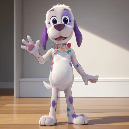 score_9, score_8_up, score_8, score_7, source_cartoon, Cheddar(GDG), Solo, 1girl, anthro, furry female, dog, dog girl, white fur, spotted fur, colored spots, purple ears, black eyes, dog tail, colorful bowtie, looking at viewer, waving at viewer, full body, smiling, standing, living room background