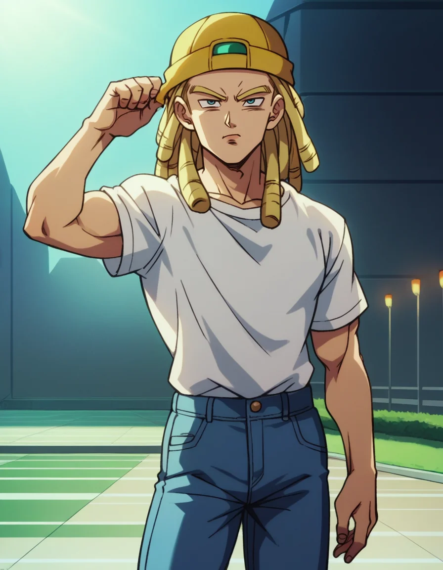 zPDXL, score_9, score_8_up, score_7_up, score_6_up, score_5_up, source_anime, 4k, absurdres, 1boy, solo,
<lora:Broly_v1:0.8> dbsb, young adult south american man square face hooked nose green doe-eyed eyes forehead folds, straight platinum blonde dreadlocks urban long-sleeve shirt straight-leg jeans hat, cenote