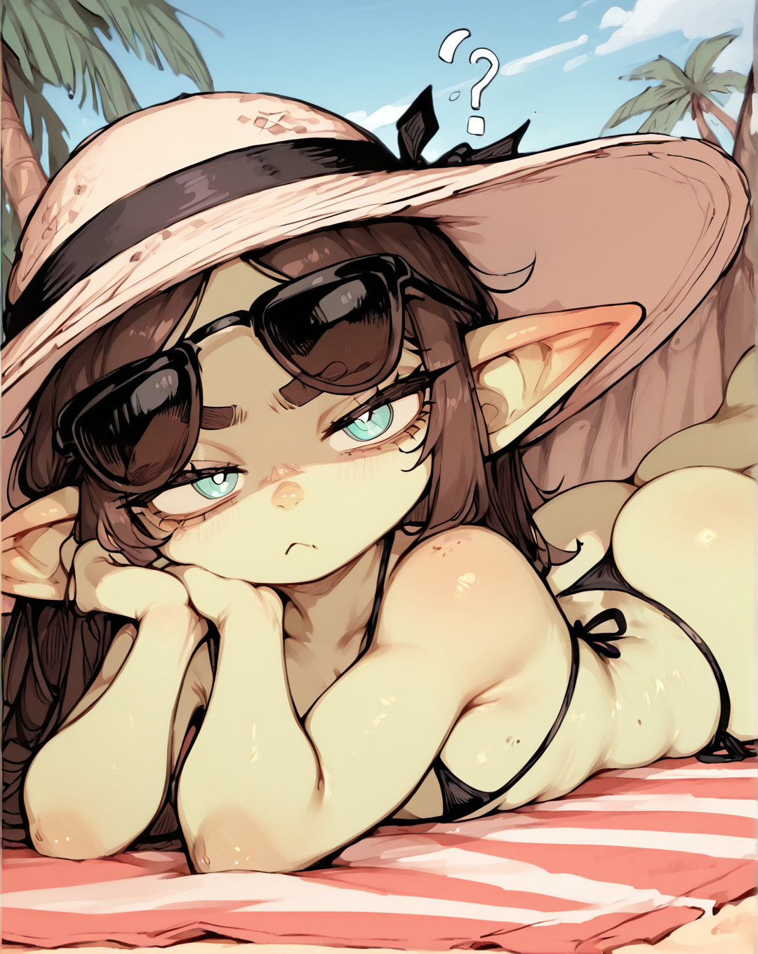 score_9, score_8_up, score_7_up, score_6_up, score_5_up, score_4_up, masterpiece, Goblin girl, (slight redness on asscheeks:1.1), Dark brown hair, (light green skin), shortstack, cute face, thick thighs, bubble butt, tiny breasts, string bikini, laying on stomach, sun hat, sunglasses, turn to viewer, pouty, ?, Beach Setting, Bright Sun, Blue Sky, sun rays,  <lora:Whinyzza_-_Style:1>