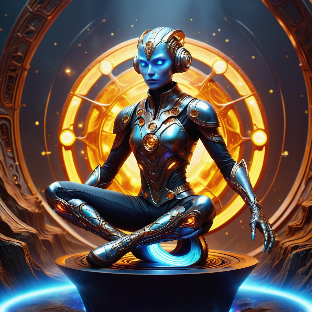 hyper detailed masterpiece, dynamic, awesome quality,DonM0ccul7Ru57XL , female nanotechnologist, aquatic intelligence- graceful being with iridescent, webbed appendages and glistening scales, geriatric, muscular, russian, brown eyes, lobed ears, bulbous nose,  high jawline, hollow cheeks,   elegantly arched feet,  freckles, caramel straight haircut hair, pity,
 holding futuristic weaponry with a bold stance.,
  wearing  sonic soundwave leg warmers,  levitating wrap cardigan, virtuality slip-on sneakers,  , displaying bionic limbs or other augmentations., extraterrestrial federation embassy, holographic solar absorbers, outdoor fire pit,campfires, cove lighting ,rust,runic<lora:DonM0ccul7Ru57XL-000006:0.8>