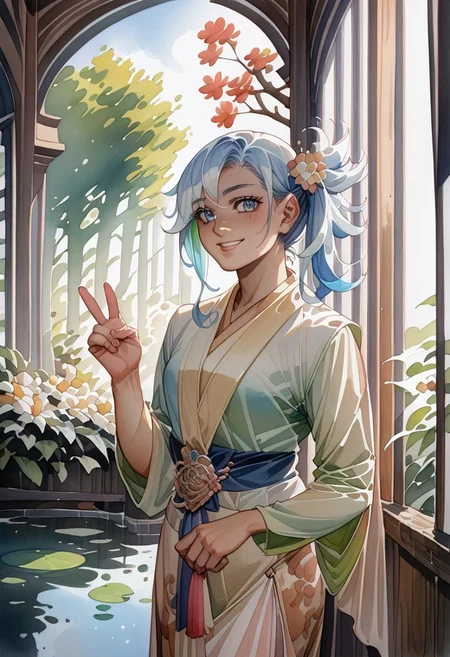 score_9, score_8_up, score_7_up, realistic light, vibrant light, breeze effect, breezed hair, sun rays, lighting rays, warm ambient lighting, soft light, masterpiece, high quality, perfect artist, green environment, 
KoboKanaeru, beautiful face, blue eyes, side ponytail hair, blue hair, colored tips, white hair, (((Kebaya))), 1girl, standing, peace sign hand, beautiful smile, head ournament, temple , tree, flower, pond, hips level shot, 3:4 angle, 3:4 body shot, looking at viewer, watercolor \(medium\), traditional media,