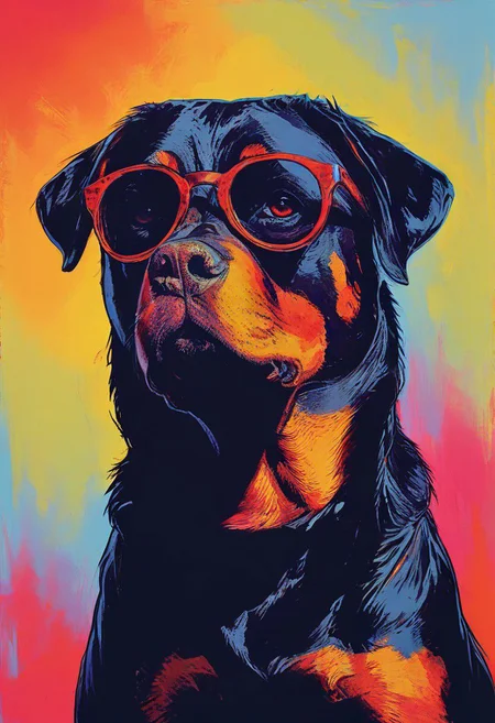 impactful color paint of, a Rottweiler wearing dark sunglasses, highly detailed, vibrant colors , 8k, sharp, professional, clear, high contrast, high saturated, , vivid deep blacks, crystal clear