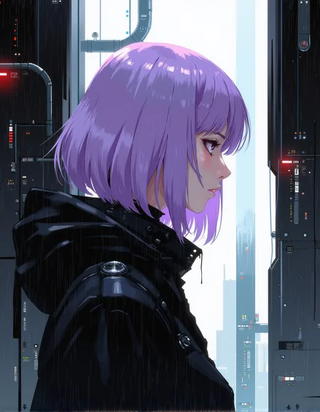 <lora:ck-Goro-Fujita:1>, digital artwork in the style of ckgf, portrait of a futuristic assassin with lavender hair, in light surrounded by advanced architecture. minimalist dark wet architecture with some highly detailed science fiction details, anime, black shadow level, moody dark dystopian cyberpunk vibe.
<lora:ck-nc-pastel-cyberpunk:0.3>
<lora:ck-MetalGearSolid:0.25>
<lora:RetroAnimeFluxV1:0.25>