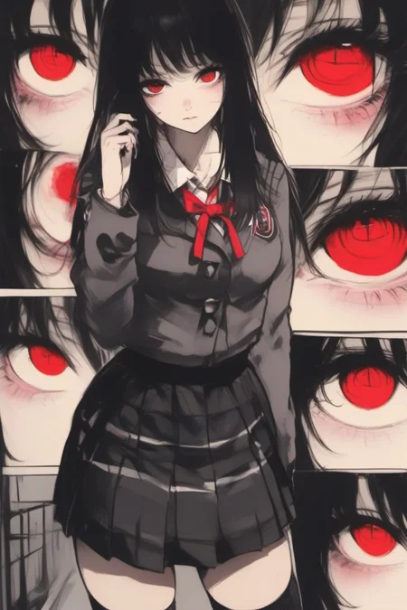 <lora:School_Girl_XL-000008:1>,
1girl, bangs, black nails, blush, braid, breasts, close-up, closed mouth, grey skirt, jacket, long hair, long sleeves, looking at viewer, medium hair, mole under mouth, outdoors, red ribbon, ribbon, ringed eyes, school uniform, skirt, solo, thighhighs, white shirt, zettai ryouiki