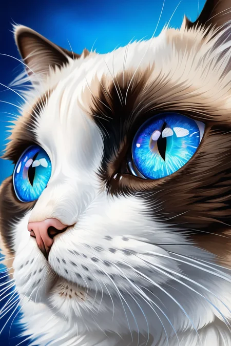 absh05 style colorful abstract <lora:Special_Constructs_absh05_style:1>,
cartoon
closeup portrait of a young (white:1.1) white black ragdoll cat stalking with beautiful blue and navy blue iridescent multi-shaded eyes, round eyeballs,highly detailed, viewed from the side, focus on eyes, background out of focus, chiaroscuro ,
Brown background,
detailed, professional, slick, high quality, masterpiece, highres,
amazing, beautiful, breathtaking, astonishing, brilliant,