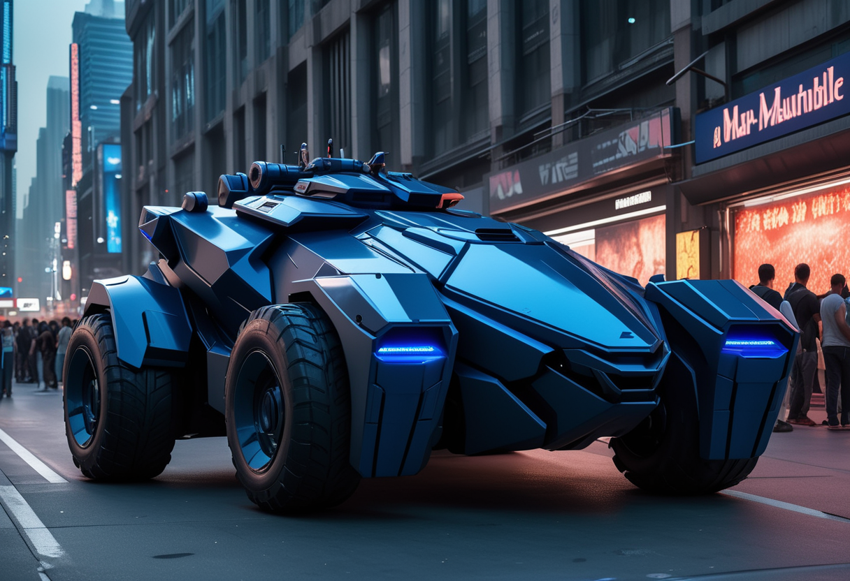 (medium full shot) of (agile medium blue futuristic armored car, batmobile style) with composite armor, elegant design, multi-fuel engine, missile launcher, stealth panels, set in  a futuristic marketplace, with neon stalls, digital advertisements, a lively crowd, during a dusk operation, ,Masterpiece,best quality, raw photo, realistic, very aesthetic