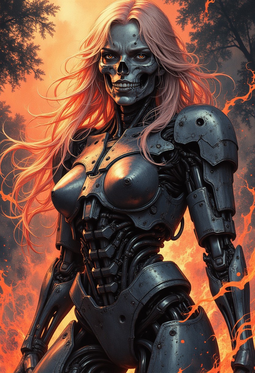 zombie cyborg, fiery aura, 1 girl, cyberpunk, dark theme, metal mask, metal three quarters face mask, solo, cyborg, skull, looking at viewer, multi-colored hair, white eyes, claws, biopunk, Cinematic, beautiful, vibrant, masterpiece, 32k, ultra HD, ultra-detailed, amazing quality, amazing artist, sharp edges, detailed textures, full view, atmospheric lighting, amazing visuals, sharp, SFW