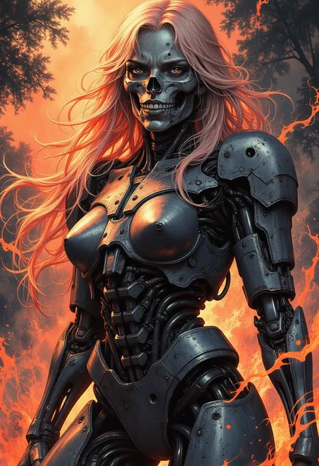 zombie cyborg, fiery aura, 1 girl, cyberpunk, dark theme, metal mask, metal three quarters face mask, solo, cyborg, skull, looking at viewer, multi-colored hair, white eyes, claws, biopunk, Cinematic, beautiful, vibrant, masterpiece, 32k, ultra HD, ultra-detailed, amazing quality, amazing artist, sharp edges, detailed textures, full view, atmospheric lighting, amazing visuals, sharp, SFW