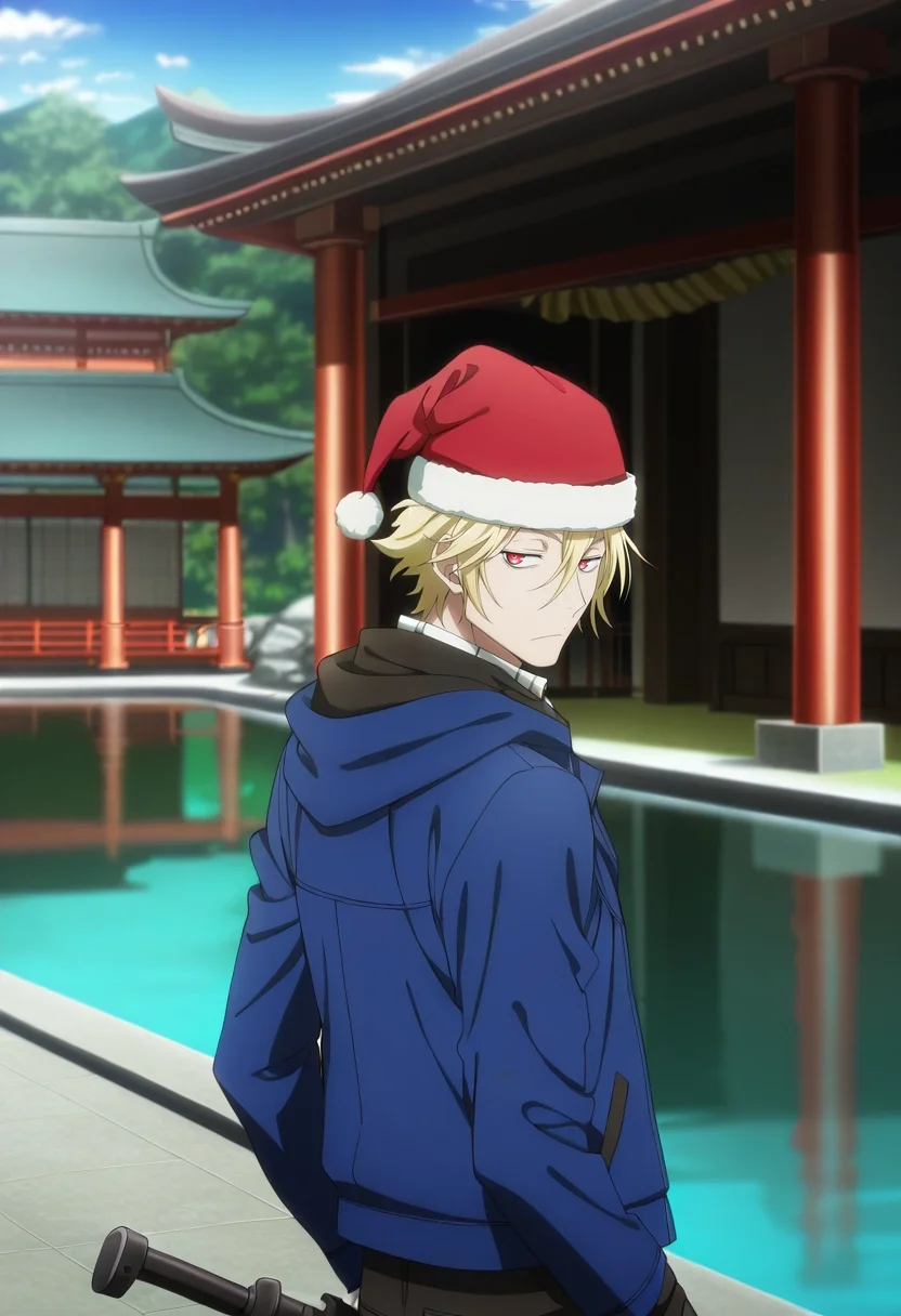 masterpiece, best quality, , anime screencap, anime coloring, official style, looking at viewer, 1boy, solo, male focus, <lora:king_of_despair_kekkai_sensen_ilxl:0.98>, king_of_despair_kekkai_sensen, blonde hair, red eyes, short hair, hair between eyes, close-up, pond, arch, japanese architecture, day, holding weapon, distracted, aloof, oblivious, Hiking shorts, Parka, Canvas sneakers, Santa Claus hat, and
