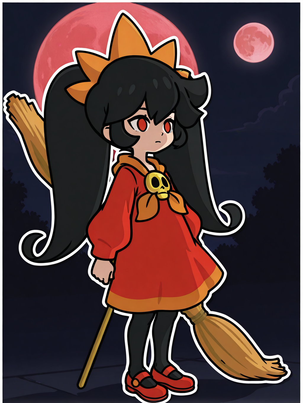 AshleyWWG, 1girl, solo, black hair, two large pigtails, bang, orange tiara, red eyes, red long-sleeve dress, orange neckerchief, golden skull brooch, black tights, red shoes, broom, ((At night, big moon, White frame, white outline))