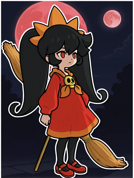 AshleyWWG, 1girl, solo, black hair, two large pigtails, bang, orange tiara, red eyes, red long-sleeve dress, orange neckerchief, golden skull brooch, black tights, red shoes, broom, ((At night, big moon, White frame, white outline))