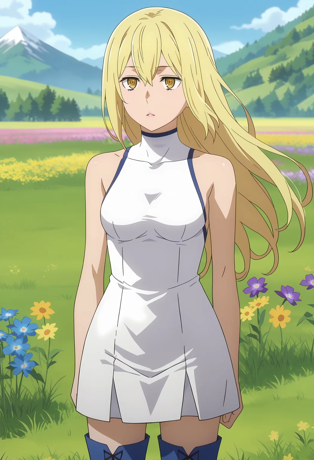 score_7_up, anime screencap,
<lora:DanMachi_AizWallensteinXL:0.9>,
1girl, solo, parted lips, floating hair,
long hair, blonde hair, hair between eyes, yellow eyes,
AisCasual, sleeveless dress, white dress, short dress,
thigh boots, blue footwear,
standing,
scenery, mountains, grass, flower field,