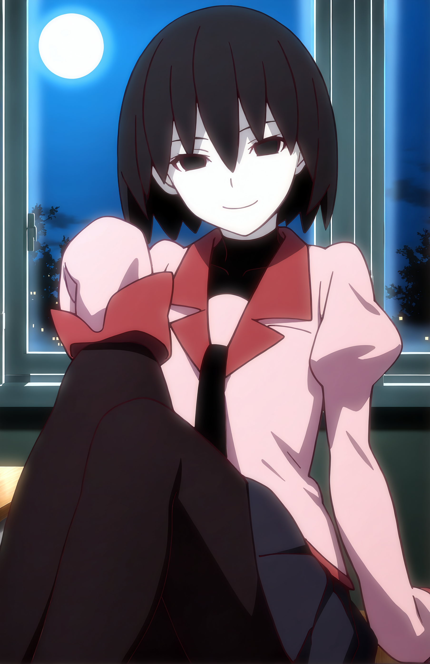 masterpiece, best quality, amazing quality, dramatic light, OshinoOugi. 1girl, pale skin, bob cut, black hair, empty eyes, school uniform, pink shirt, black necktie, turtleneck, black undershirt, puffy sleeves, long sleeves, sleeves past fingers, black skirt, pleated skirt, black pantyhose, classroom, night time, window, moon, (portrait, smile, face focus, close-up)
